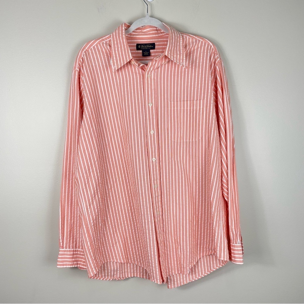 Brooks Brothers Mens Large Button Down Collared Long Sleeve Orange White Top - L